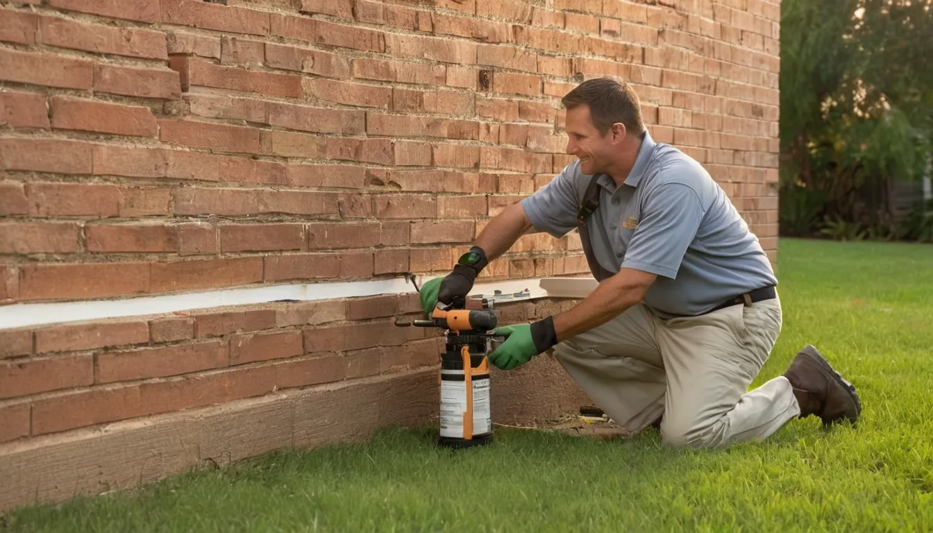 Friendly termite inspector checking a wooden foundation beam outside a single-story brick home in Trussville